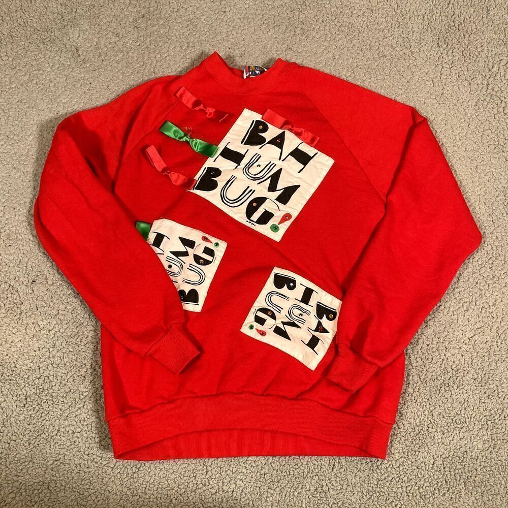 Vintage Bah Hum Bug Holiday Christmas Sweater Adult Pullover Red Ken Done Small